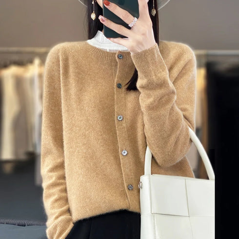 100% Pure Merino Cashmere O-Neck Cardigan for Women