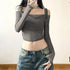 Women's Y2K Streetwear Solid Slash Neck Crop Top Sexy Off-Shoulder Long Sleeve Slim Mesh Tee Straps T-Shirt
