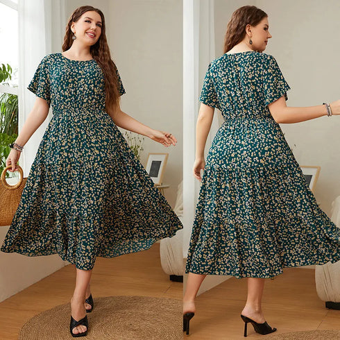 Plus Size Floral Bohemian Ankle-Length Dress