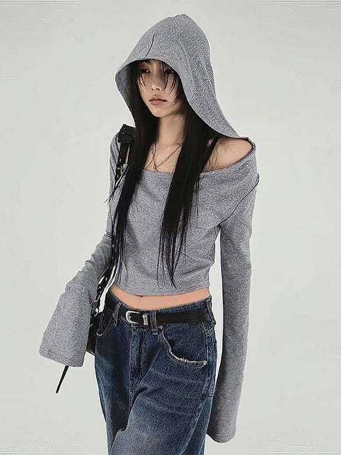 Y2K Grey Cropped Hoodie with Flare Sleeves