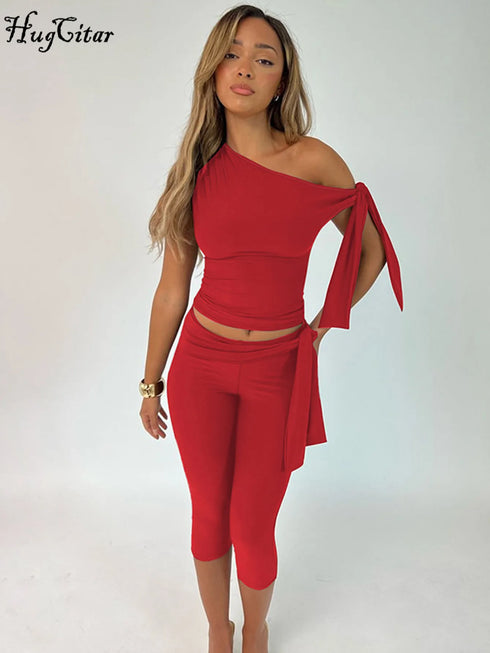 Women’s One Shoulder Sleeveless Top & Knee-Length Pants Set