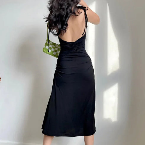 Elegant Black Backless Ruched Dress