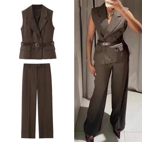Elegant V-Neck Two-Piece Set with Wide-Leg Pants