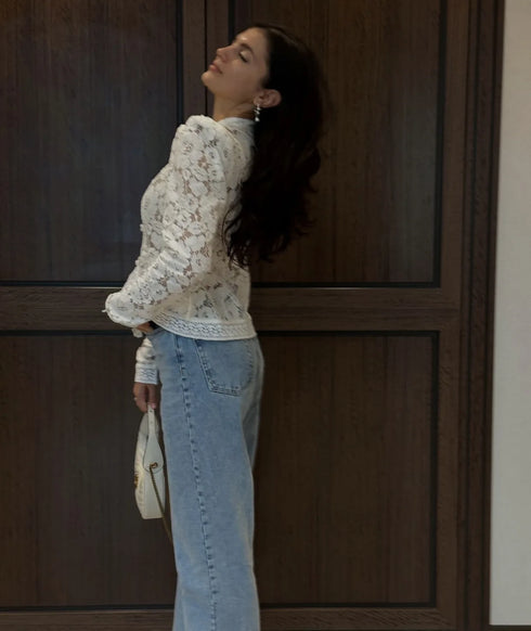 White Lace Hollow Out Blouse for Women