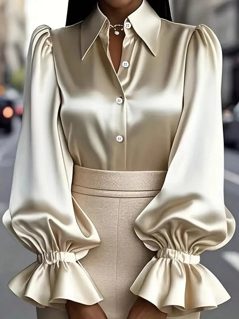 Elegant Satin Blouse with Ruffled Cuff Sleeves