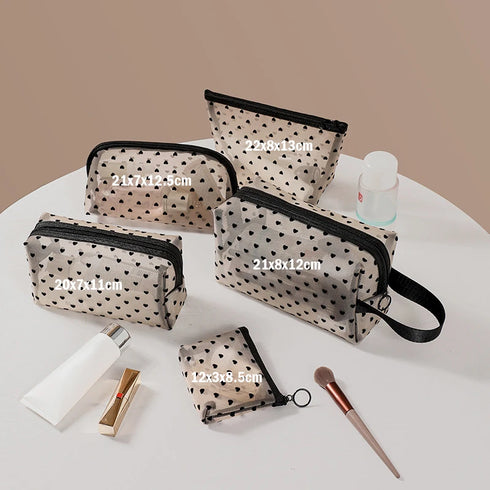 Heart Transparent Mesh Makeup Bag - Portable Cosmetic Pouch