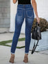 High Waist Blue Denim Jeans with Button Detail