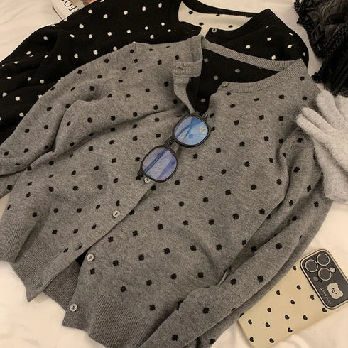 Polka Dot Knitted Cardigan Women’s Long Sleeved Top