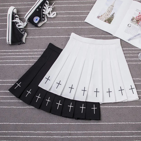 High Waist Pleated Skirt with Cross Embroidery