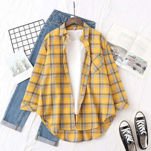 Elegant Women's Plaid Shirt 2025 New Ladies Large Size Casual Loose Lapel Long Sleeve Blouse&Tops Female Lapel Checked Clothing