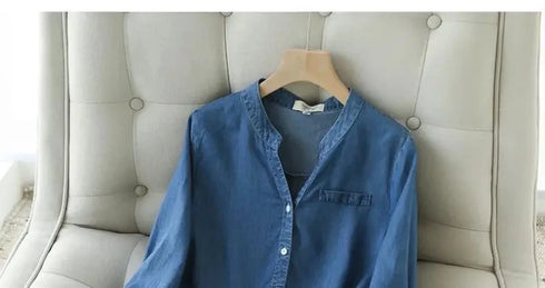 Blue Denim Lyocell Casual V-Neck Blouse