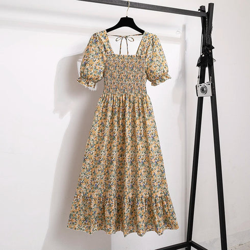 Floral A-Line Chiffon Dress with Short Sleeves