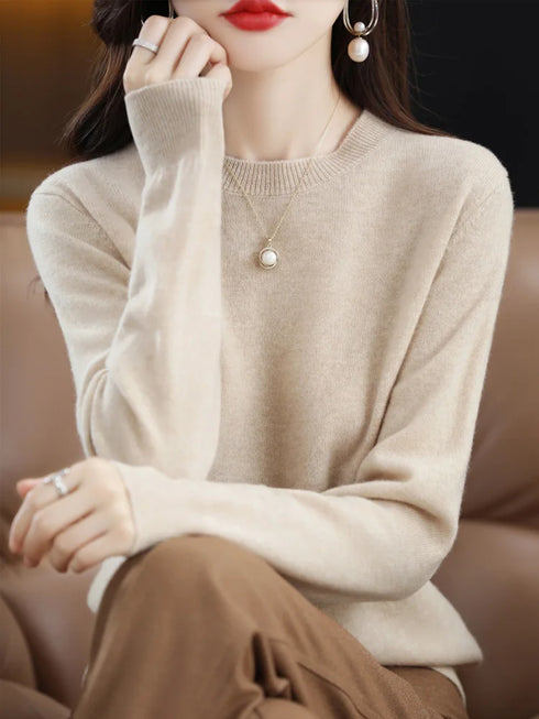 100% Merino Wool O-Neck Sweater for Women
