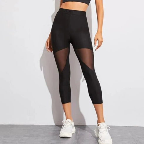 Black Patchwork Mesh Leggings for Women