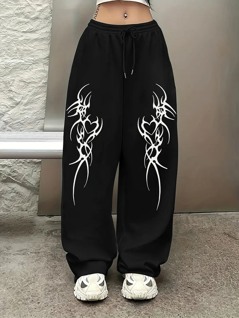 Women's Plus Size Black Printed Casual Pants