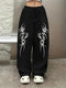 Women's Plus Size Black Printed Casual Pants