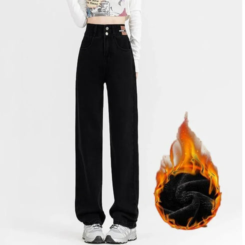 High Waist Denim Jeans with Double Buckle Design