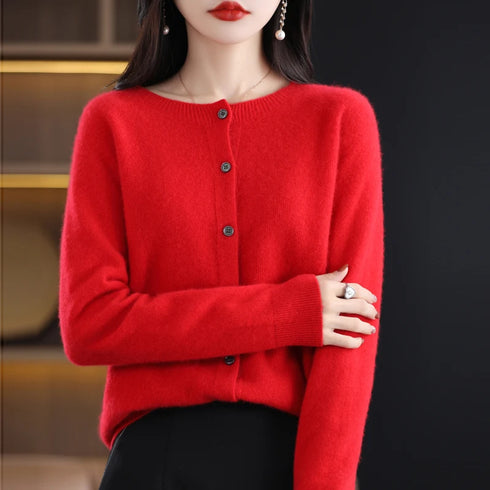 100% Pure Merino Cashmere O-Neck Cardigan for Women