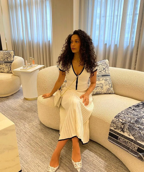 Elegant White Pleated Skirt Set with Short Sleeve Top