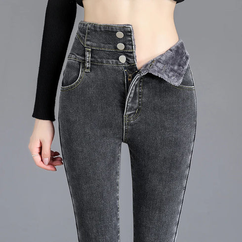 High-Waisted Fleece-Lined Slim Jeans for Women