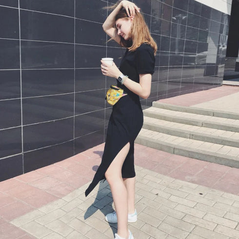 Summer Korean Style Midi Dress Women Casual Black Maxi T Shirt Dress Plus Size Short Sleeve Side Open Party Look