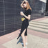 Summer Korean Style Midi Dress Women Casual Black Maxi T Shirt Dress Plus Size Short Sleeve Side Open Party Look