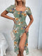 Women's Boho Ditsy Floral Print Ruched Split Thigh Midi Dress with Puff Sleeves and Square Neck for Summer and Vacation