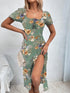 Women's Boho Ditsy Floral Print Ruched Split Thigh Midi Dress with Puff Sleeves and Square Neck for Summer and Vacation