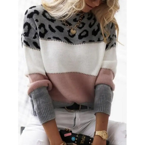 Leopard Print Contrast Pullover Sweater