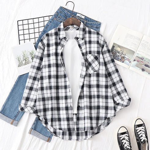 Elegant Women's Plaid Shirt 2025 New Ladies Large Size Casual Loose Lapel Long Sleeve Blouse&Tops Female Lapel Checked Clothing