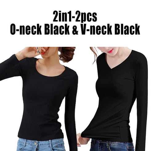 O Neck V Neck Long Sleeve Shirt Women Winter Bottoming Crop Tops Black Casual Slim Basic Velvet Heating Fiber Thermal T-Shirts
