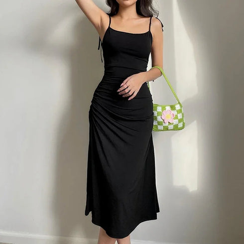 Elegant Black Backless Ruched Dress