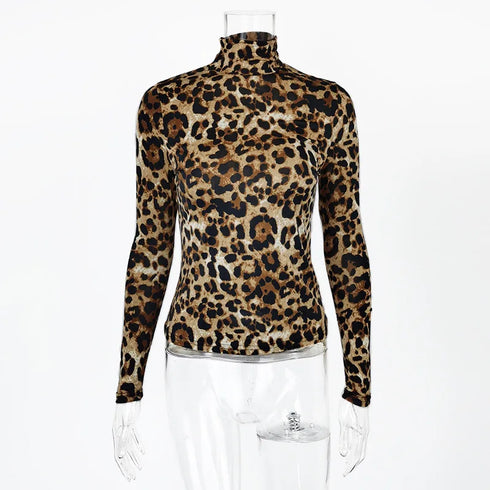 Women's Long-Sleeved Leopard Print Turtleneck Top