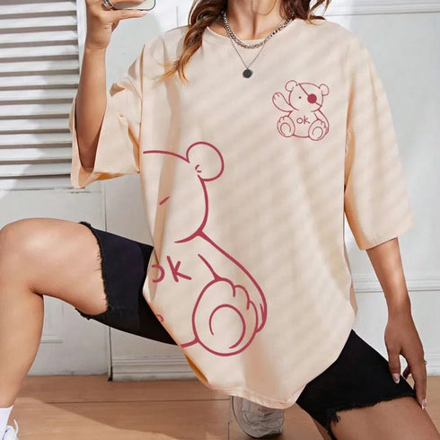 Womans Cotton T-Shirts Kawaii OK Teddy Bear Graphic Tees