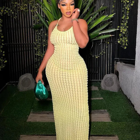 Kliou Solid Ruched Maxi Dress - Backless Bodycon Style