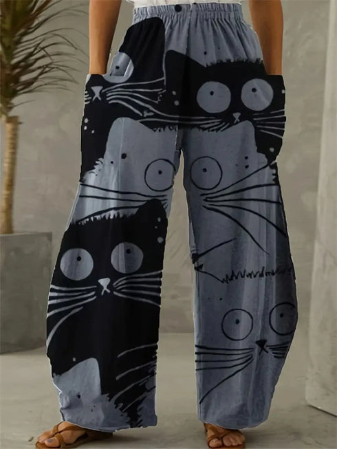 Women's Cartoon Cat Loose Wide-Leg Pants