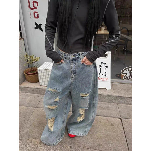 YIBASHU Women's Ripped Wide Leg Jeans