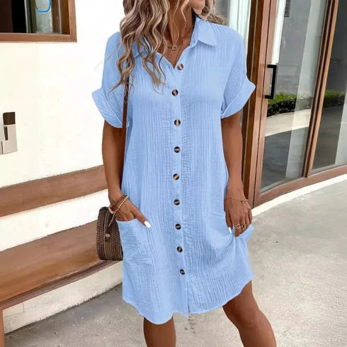 Women's Summer Casual V-Neck Button Up Dress Knee Length Short Sleeve Linen Cotton Loose Fit for Women