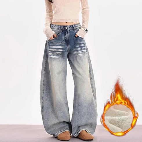 High Waist Thermal Baggy Jeans for Women