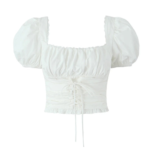 2023 Sexy Corset White Ruched Chest Square Collar Short Puff Sleeve Shirt Women Cross Lacing up Bandage Waist Bodycon Crop Tops