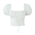 2023 Sexy Corset White Ruched Chest Square Collar Short Puff Sleeve Shirt Women Cross Lacing up Bandage Waist Bodycon Crop Tops