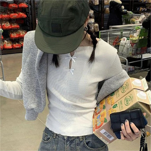 Bow Hollowed Out Long Sleeve T-shirt for Women