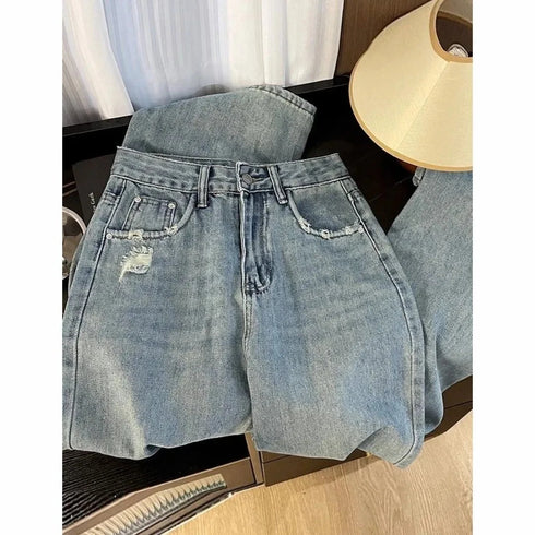 Womens High Waist Loose Fit Straight Leg Denim Jeans