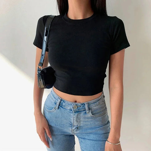 Short Sleeve T-Shirt Women Casual Soft Crop Tops Tees Summer Fashion Skinny Black White All-Match