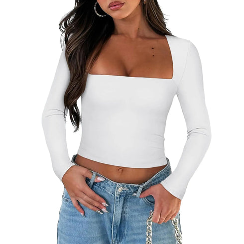 Women's Slim Fit Crop Tops Fashion Long Sleeve Square Neck Solid Color Pullover Basic T-Shirt Dressy Blouses 2024 New Streetwear