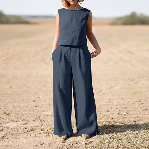 Women's Cotton Linen Sleeveless Top and Wide Leg Pants Set