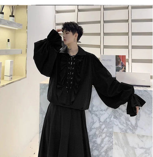 Victorian Gothic Ruffled Lace Up Blouse