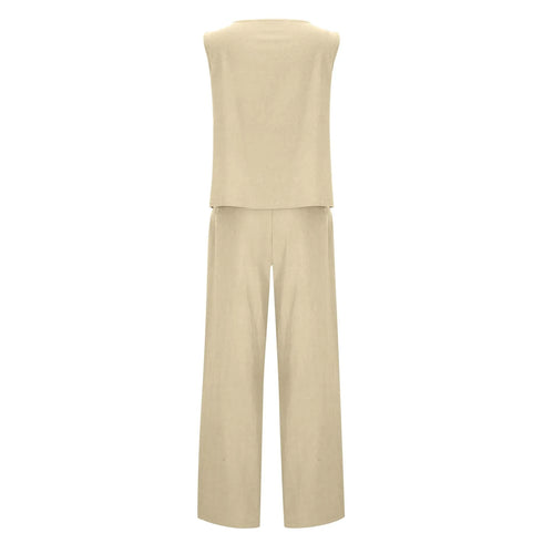 Women's Cotton Linen Sleeveless Top and Wide Leg Pants Set