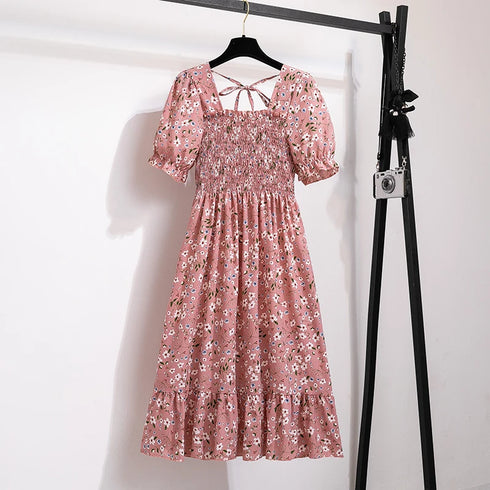 Floral A-Line Chiffon Dress with Short Sleeves