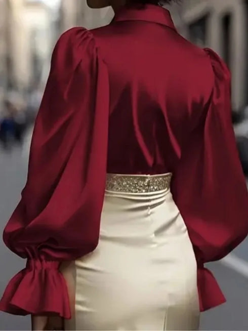 Elegant Satin Blouse with Ruffled Cuff Sleeves